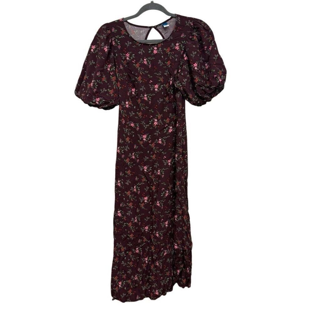 Old Navy Burgundy Floral Midi Dress with Puff Sleeves
